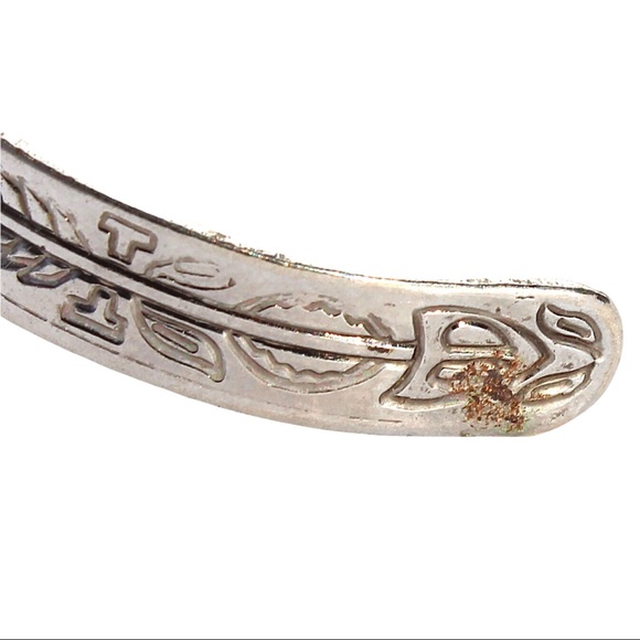 Vintage Southwestern Faux Turquoise Statement Cuff Bracelet Silver Tone Teepee - Picture 5 of 6